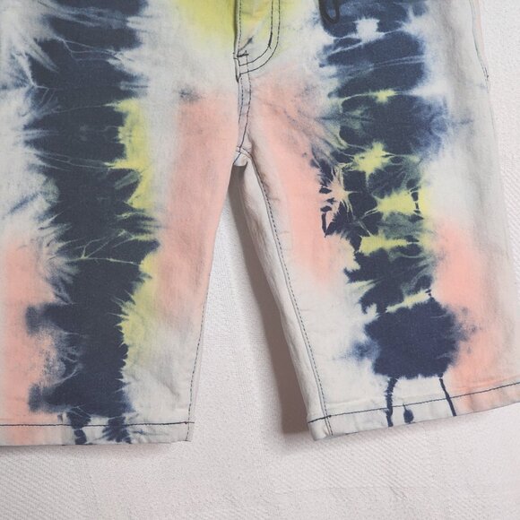 Demolition Acid Wash Tie Dye Pink Blue Yellow Stretch Cotton Denim Shorts Sz 10 - Picture 5 of 16